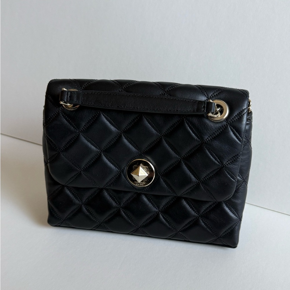 Kate Spade Natalia Flap Black Leather Shoulder Bag with Turn-Lock Closure